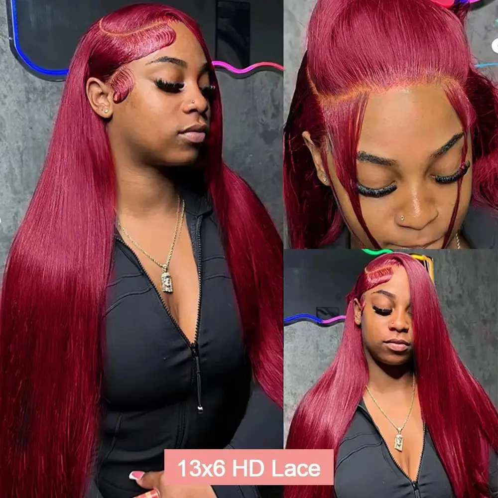 

Бордовый парик 99J из натуральных прямых волос, 13x6 HD Lace Frontal, 200% плотность, окрашенный, предварительно прорезанный, бразильский, 13x4 Lace Front, 40 дюймов