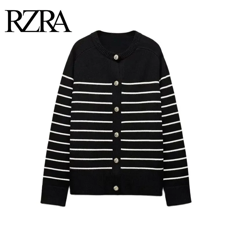 

RZRA original women's clothing 2024 autumn and winter new round neck long sleeve contrast color striped knitted sweater jacket