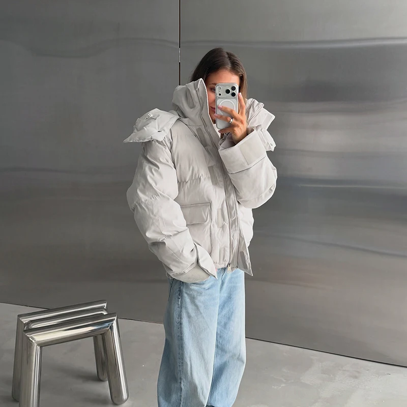Kapuzenjacke mit Großen Taschen, Übergroße Gefütterte Jacken für Damen, Street-Style, Stehkragen, Lange Ärmel, Reißverschluss, Einfarbig, Lose Pufferjacken, Neue Oberbekleidung – Detail 11