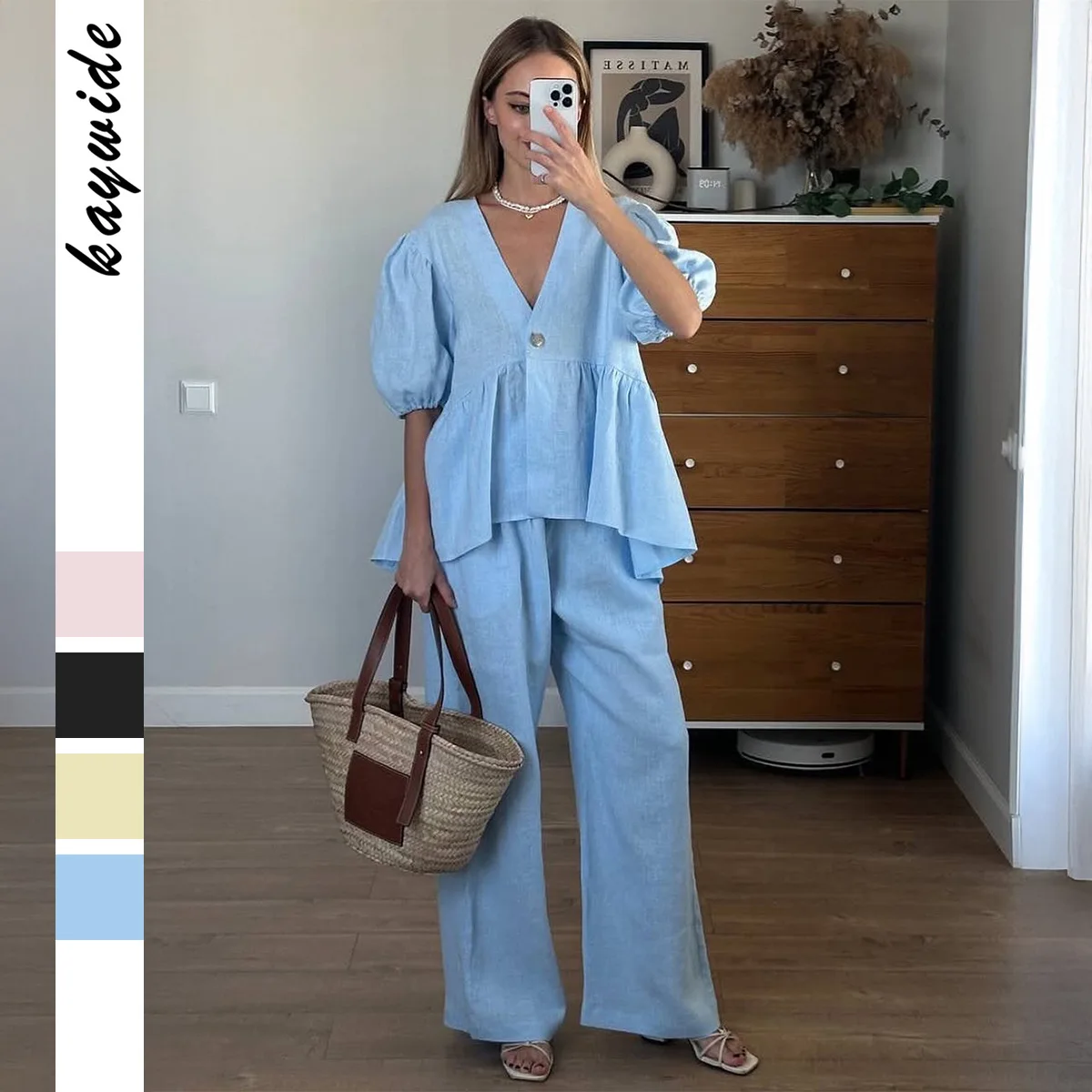 

2026 European and American vacation short-sleeved T-shirt straight through long pants set women's clothing