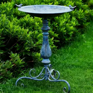 27.25" Vintage Blue Metal Birdbath with Cast Iron Birds, Outdoor Garden Decoration, Rust-Resistant