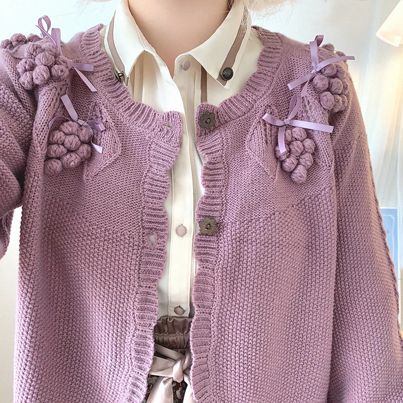 

Vintage Knitted Cardigans Women Grape Embroidery Long Sleeve Bows Decoration Cute Sweaters for Sweet Girls