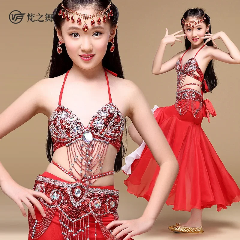 

Kids Children Belly Dance Costume for Girl Oriental Indian Stage Dancing Costume 2PCS Set (Top Bra+Waist Chain) 5Colors No Skirt