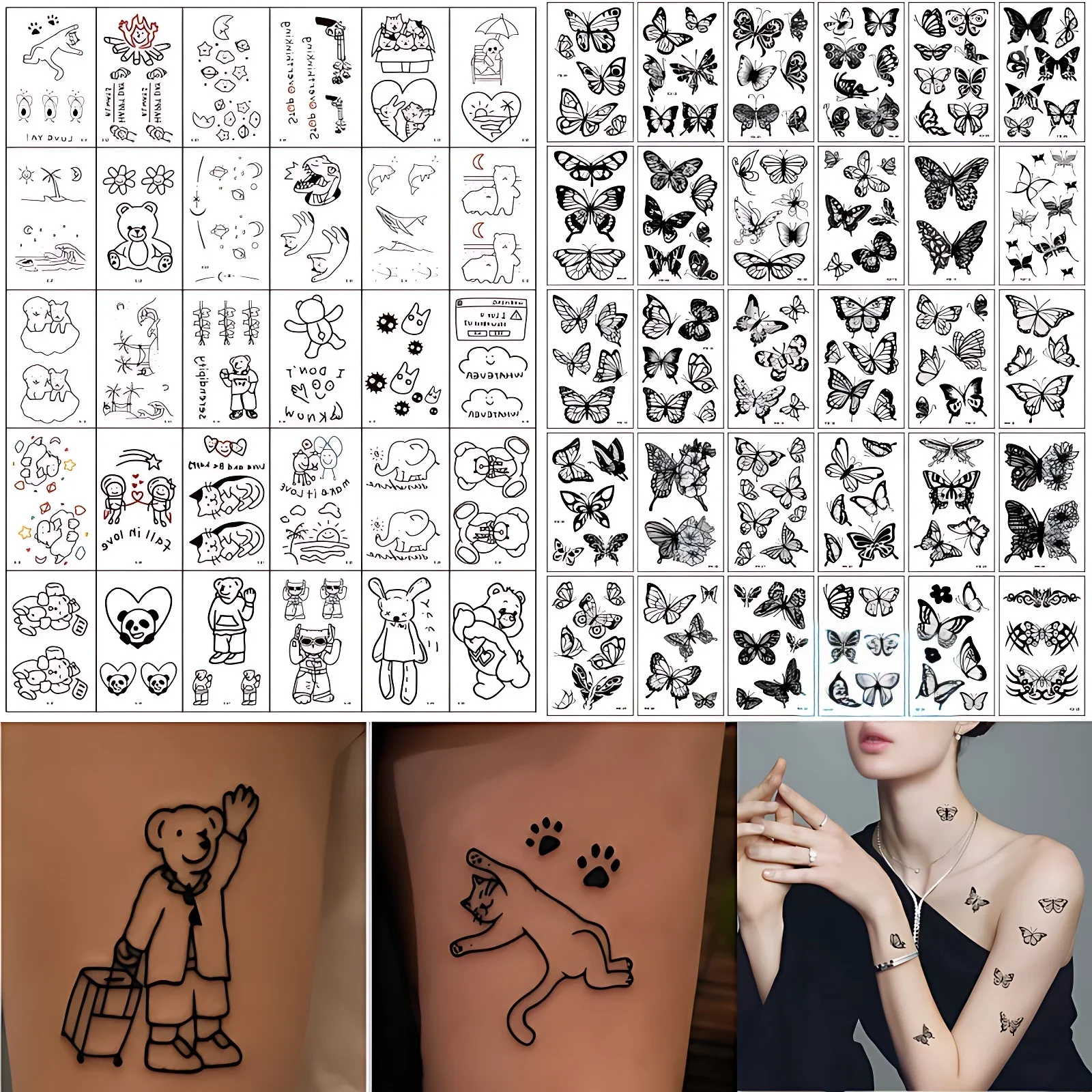 60pcs/set Disposable Cartoon Tattoo Waterproof Black Butterfly Sample Line Painting Dolphin Cat Bear Transfer Temporary Tattoos