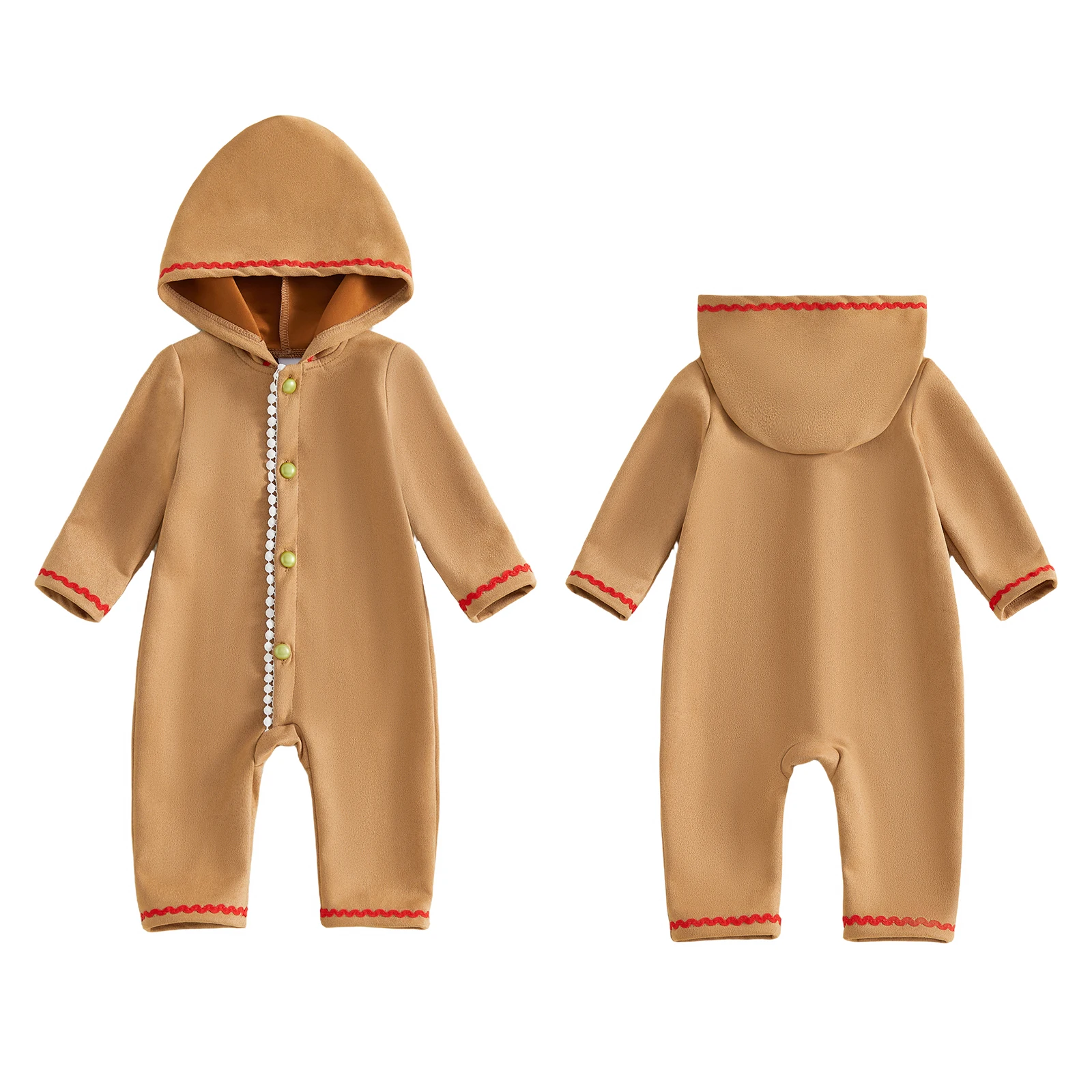 2027 New Years Toddler Baby Gingerbread Man Outfit Xmas Warmer Buttons Ric-Rac Hooded Long Sleeve Romper