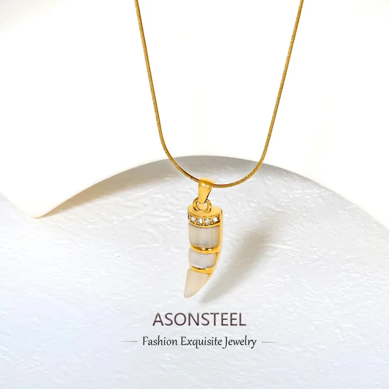 ASONSTEEL New Design Blue Stone Ivory Shaped Pendant Stainless Steel White Cat Eye Stone Necklace Gift For Women Fashion Jewelry