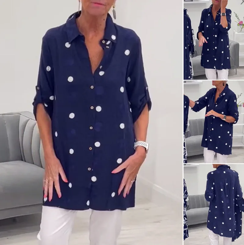 

Women Shirt Top Wave Dot Print Autumn 2025 Single Breasted Turn Down Collar Full Sleeve Loose Shirts Female Casual Overshirt