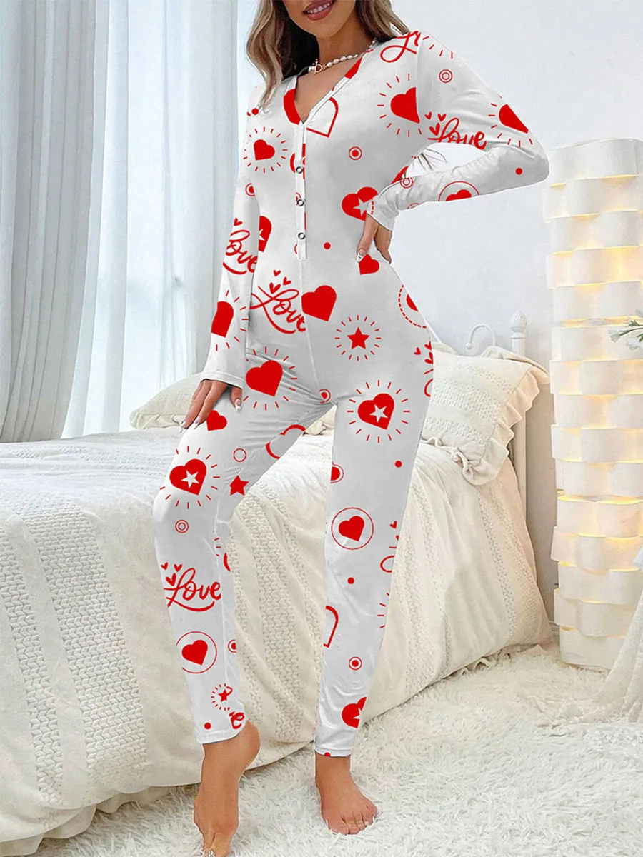 Valentines Day Women Jumpsuit Long Sleeve V Neck Button Closure Letters Heart Print Bodysuit Loungewear Sleepwear