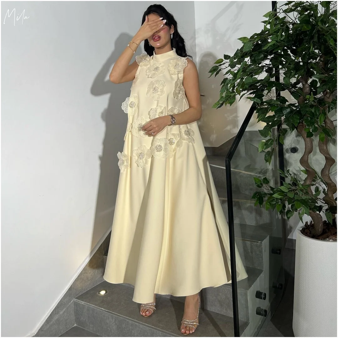 

Mila Light Yellow Sleeveless Turtleneck Gown Prom Dresses 3D Flower Embellished Customized Formal Evening Maxi vestidos de gala