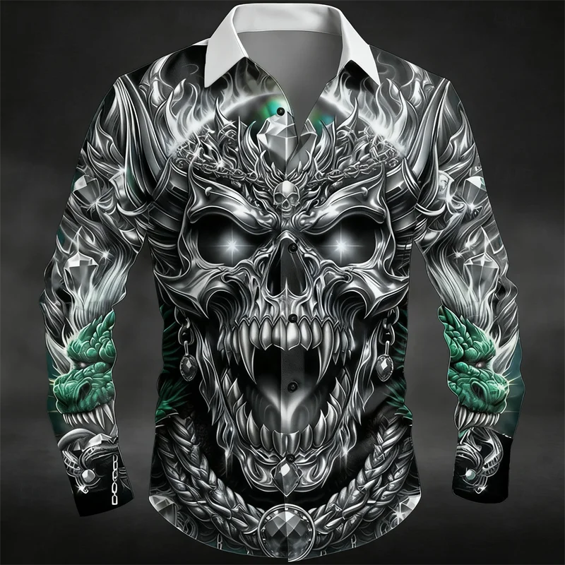 Halloween Men's Skeleton Dragon Flame Shirt Dark Punk Gothic Outdoor Festival Collar 3D Printed Collar Shirt