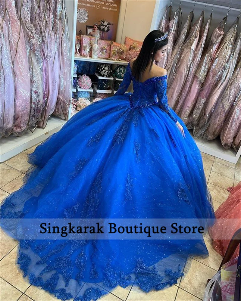 New Arrival Royal Blue Luxury Quinceanera Dresses Long Sleeves Appliques  Crystal Ball Gown Princess Sweet 16 Gowns Vestidos