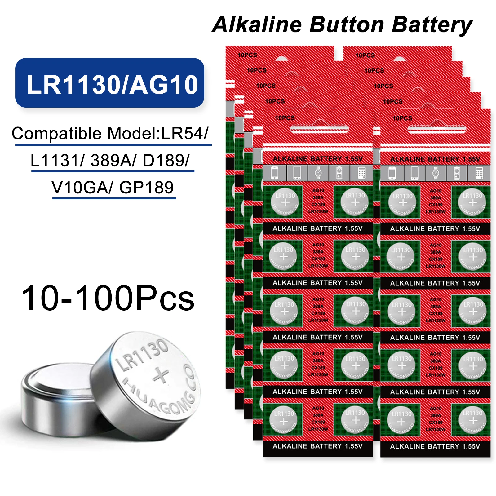 10Pcs-100Pcs LR1130 AG10 Cell Coin Watches Battery L1154 357 SR44 1.5V 60mAh Alkaline Button Batteries Suitable for Watch Toys