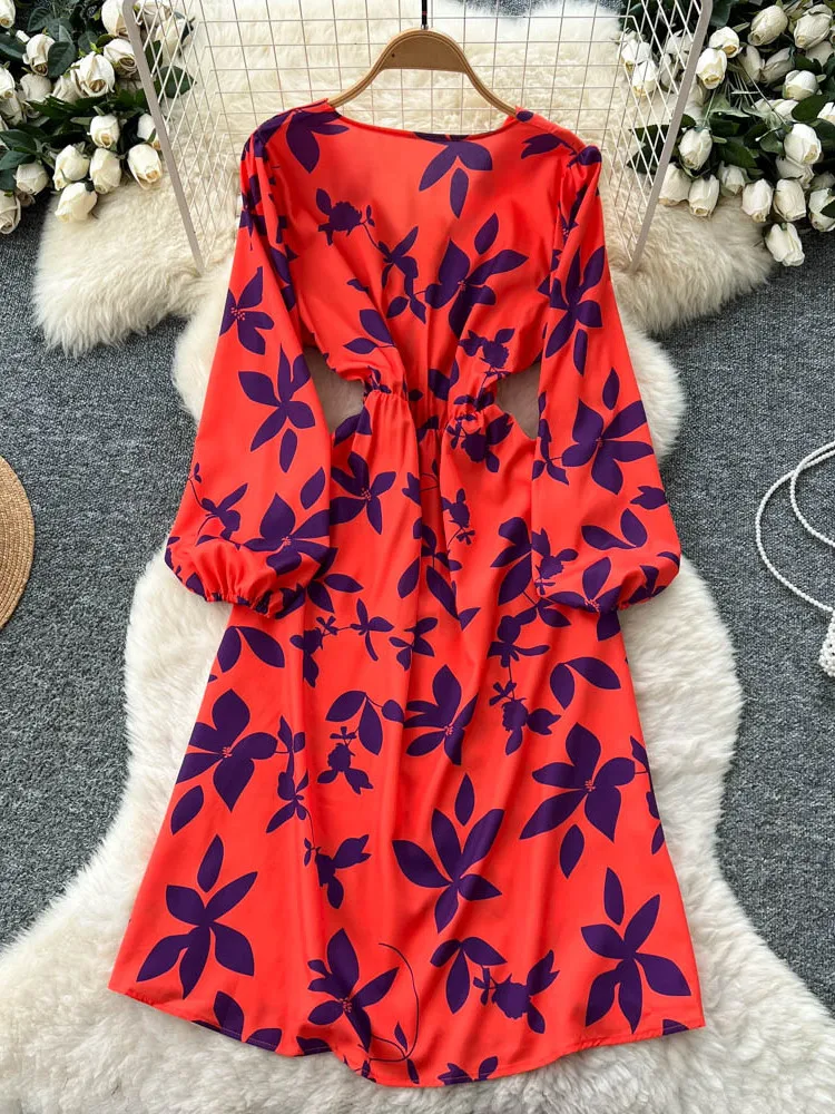 Faionable Vaion Dr Women's High Waist A-Line Printed Gown V-Ne Cross Design Slimming Split Long Sve Commute Ready