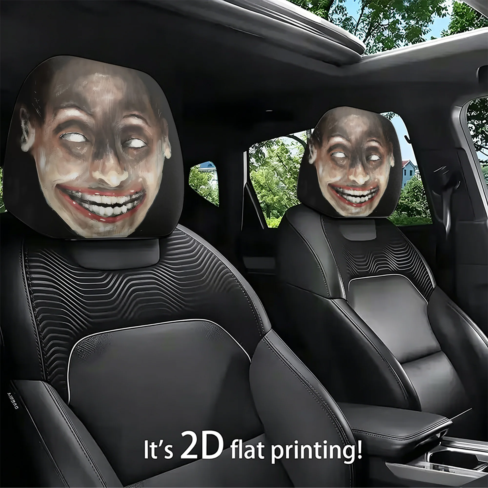 2pcs car headrest covers featuring a spooky face design, adding a touch of thrills to your car’s interior. Does not include fill
