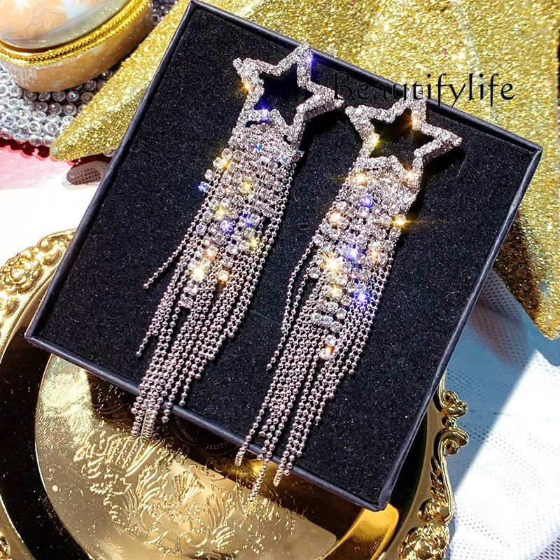 Light luxury European and American fashion long tassel temperament diamond-encrusted ear clips without ear piercings designer