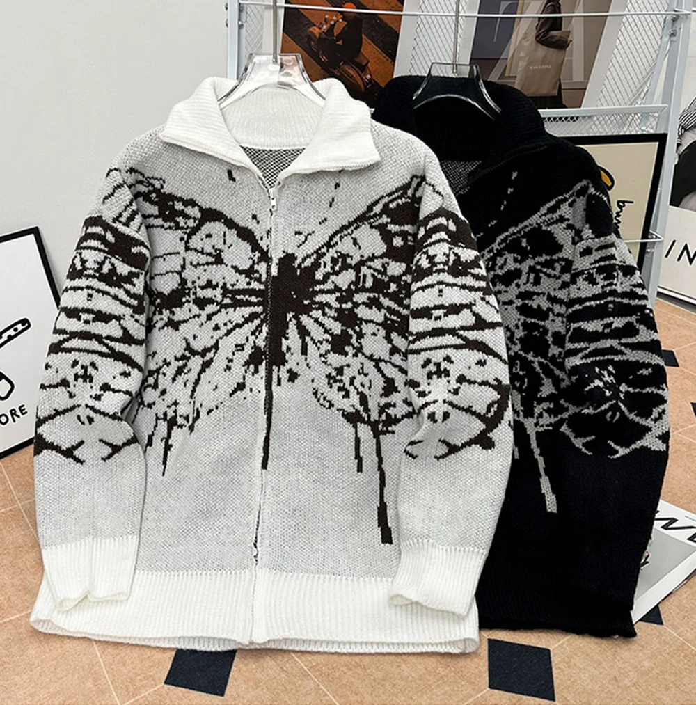 

Butterfly Jacquard Cardigan Sweater Men's Autumn Winter American Retro Color-Block Street Style Lazy Knitted Zip-Up Outerwear