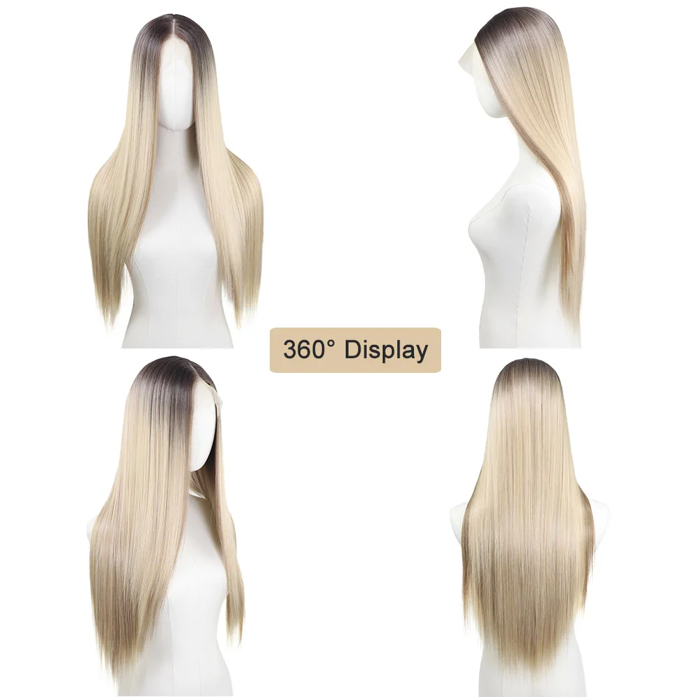 30 بوصة تسليط الضوء على شقراء الاصطناعية الدانتيل الجبهة الباروكات الجذور الداكنة مستقيم طويل أومبير الرماد شقراء قبل قطعها الباروكات الملونة للنساء