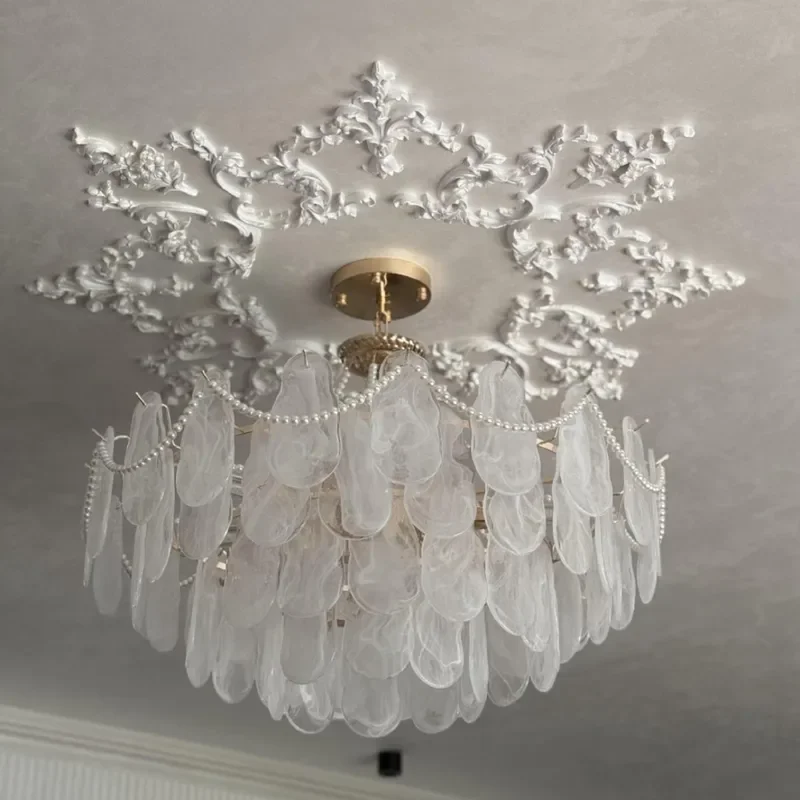 French Style Cloud Glass Pearl Chandelier Warm Light Fixture for Living Room Bedroom Villa Dining Area Atmosphere Decor