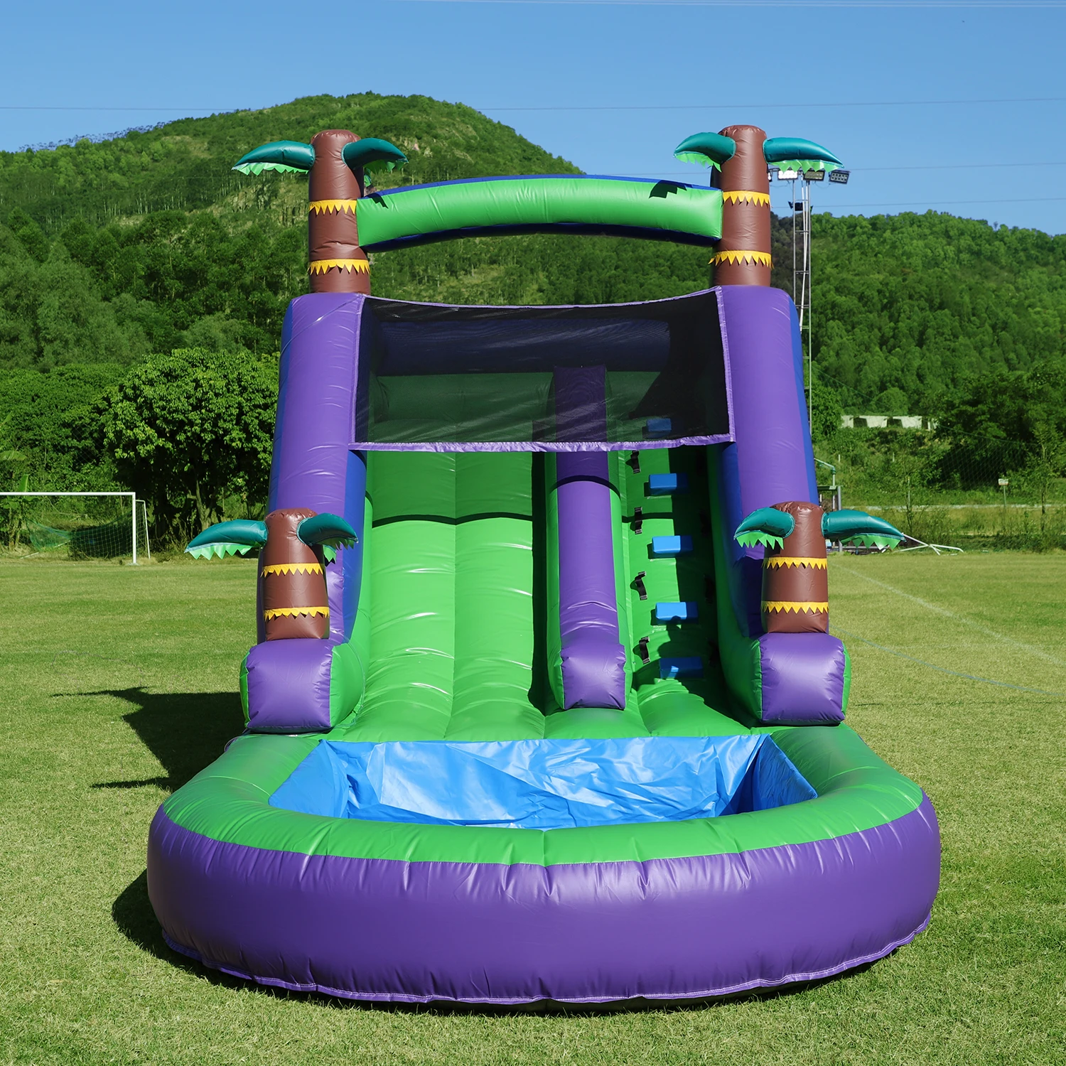 

Large Inflatable Water Slide Wet Dry Use with Splash Pool Palm Tree Themed Double Lane for Kids Outdoor Playground Party Fun