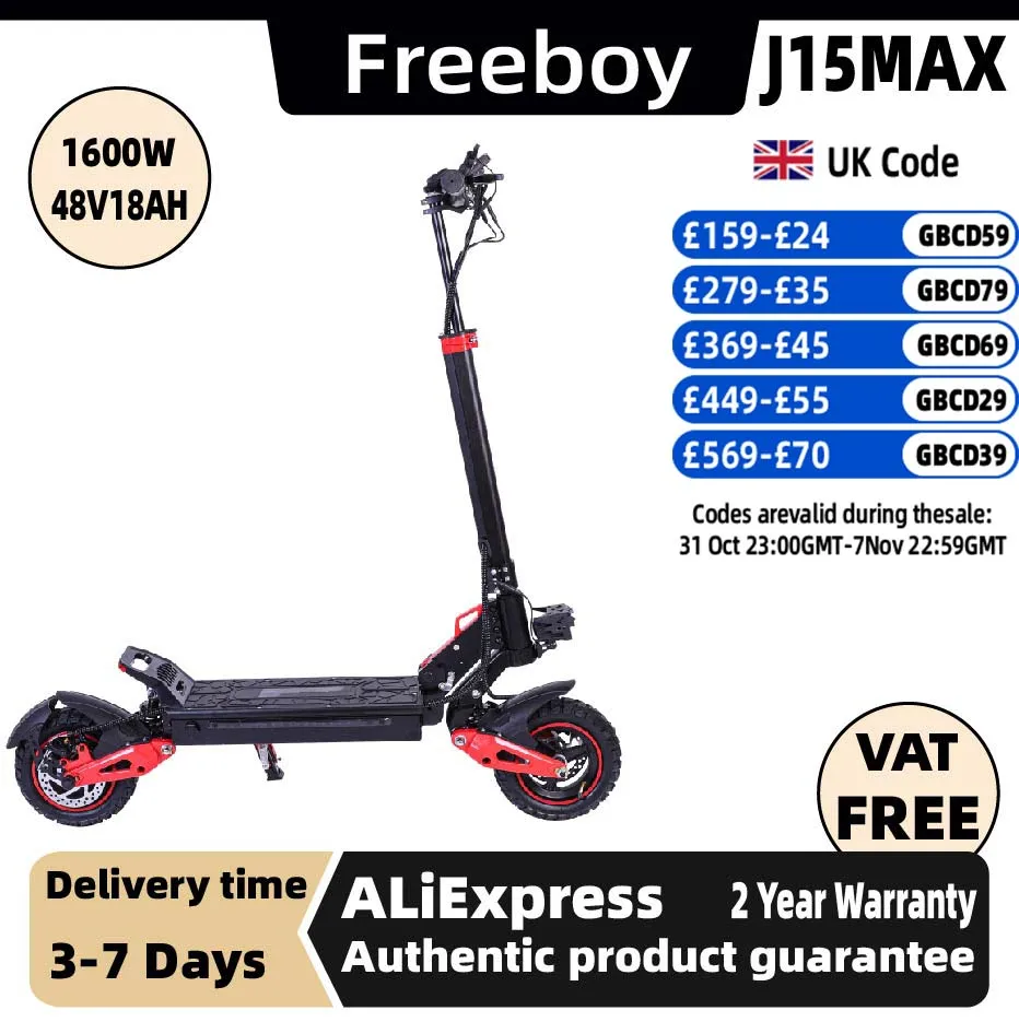 FREEBOY J15max Adult Foldable Escooter 1600W Electric Scooter 48V18AH 10 INCH OFF-ROAD TIRE E-Mountain Scooter