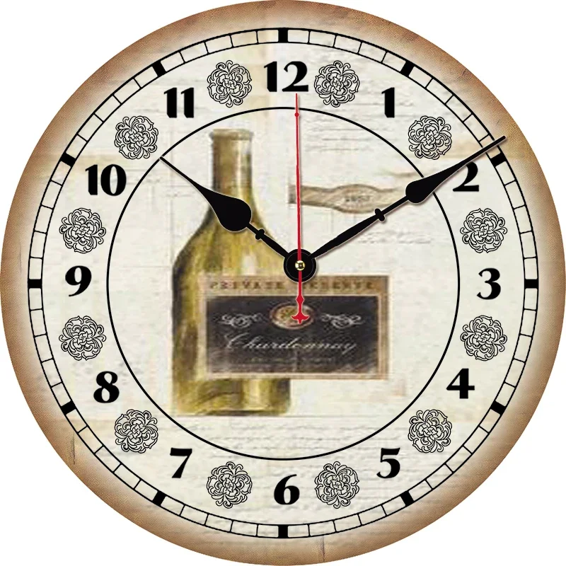 Vintage Wine Kitchen Round Wall Clock Large Dinning Restaurant Cafe Decorative Wall Clock Silent Non-Ticking Nice For Gift