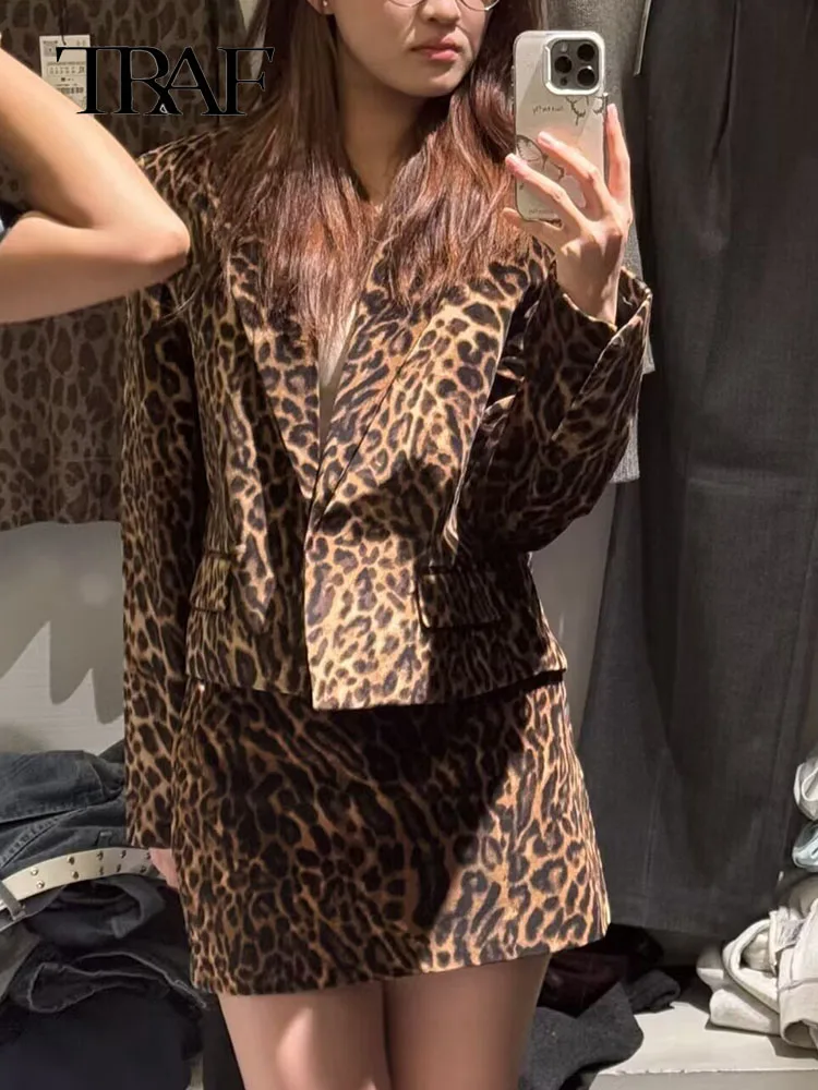 Mode Langarm Blazer Top Frauen 2 Stück Leopard Gedruckt Mini Rock Sets frauen Anzug Zwei Stück Set Frauen Outfit