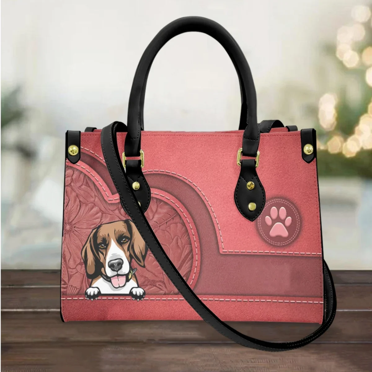 Beagle Print Luxury Small Tote Bag Women PU Leather Messenger Bag Retro Top Handle Portable Shoulder Handbag Gift for Dog Lovers