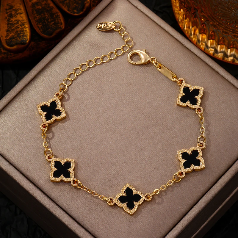 CDD Luxury Vintage Four Leaf Clover Charm Bracelet for Women Five-petal Flower Fashion Wrist Chain Jewelry Party Gifts  Bijoux