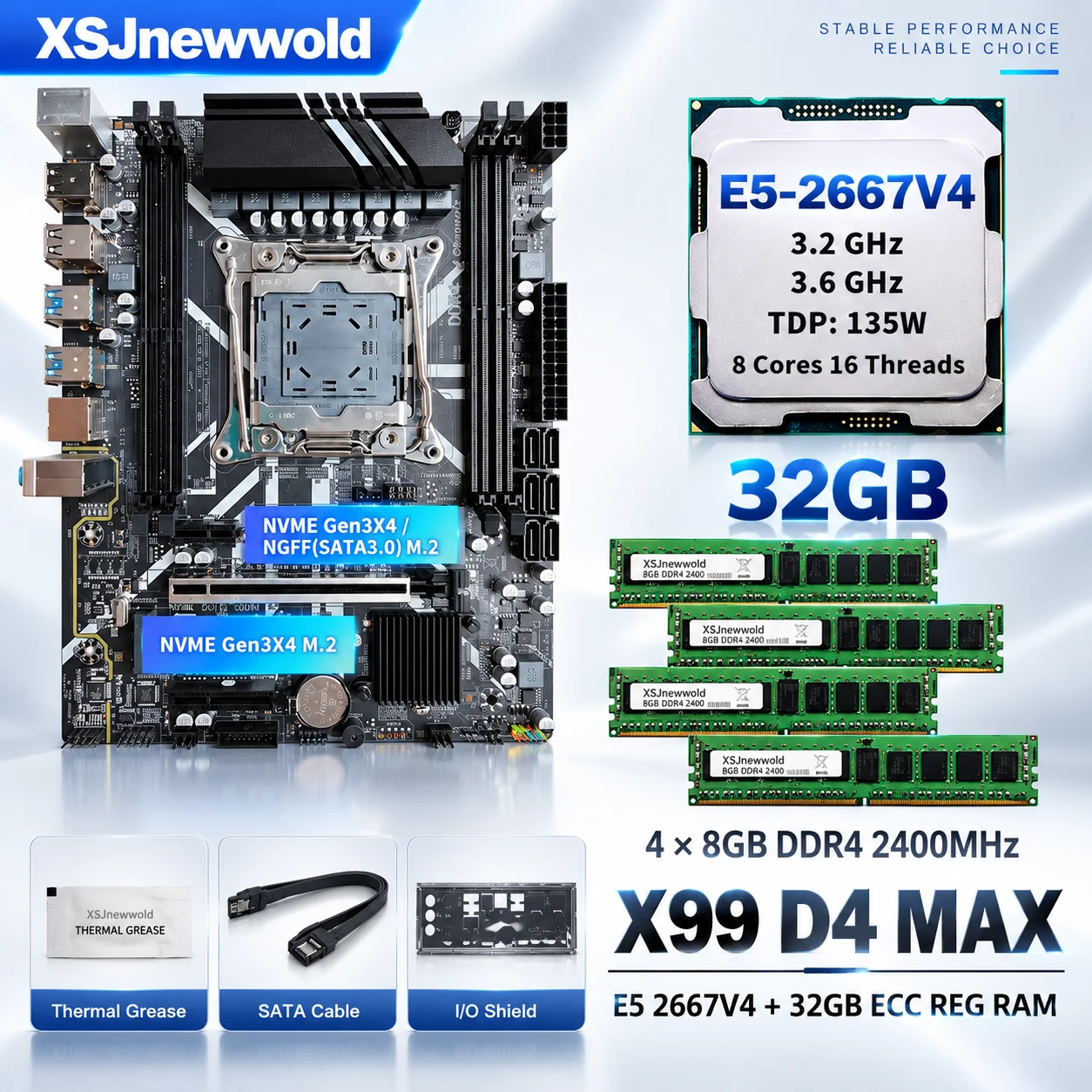 Motherboard set kit XSJnewwold D4 PLUS X99 set Xeon kit E5 2667 V4 ram ddr4 32GB 2400 MHz (4*8 GB) DDR4 Reg ECC view 6