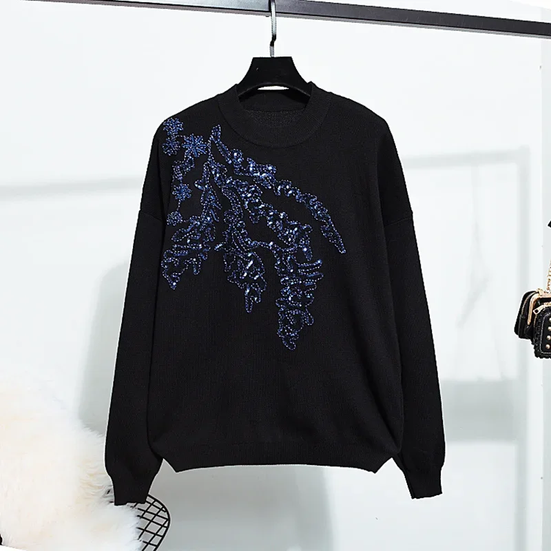 Fashion Black Knitted Tracksuits Set Women Autumn Sequins Embroidery Long Sleeve Sweater Pencil Pants Two Piece Outfits Female