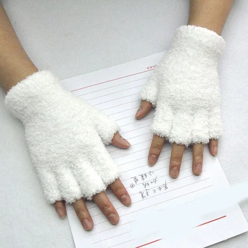 Winter Thicken Warm Coral Fleece Half Finger Gloves For Women Soft Plush Knitted Fingerless Mittens Solid Color Elastic Gloves