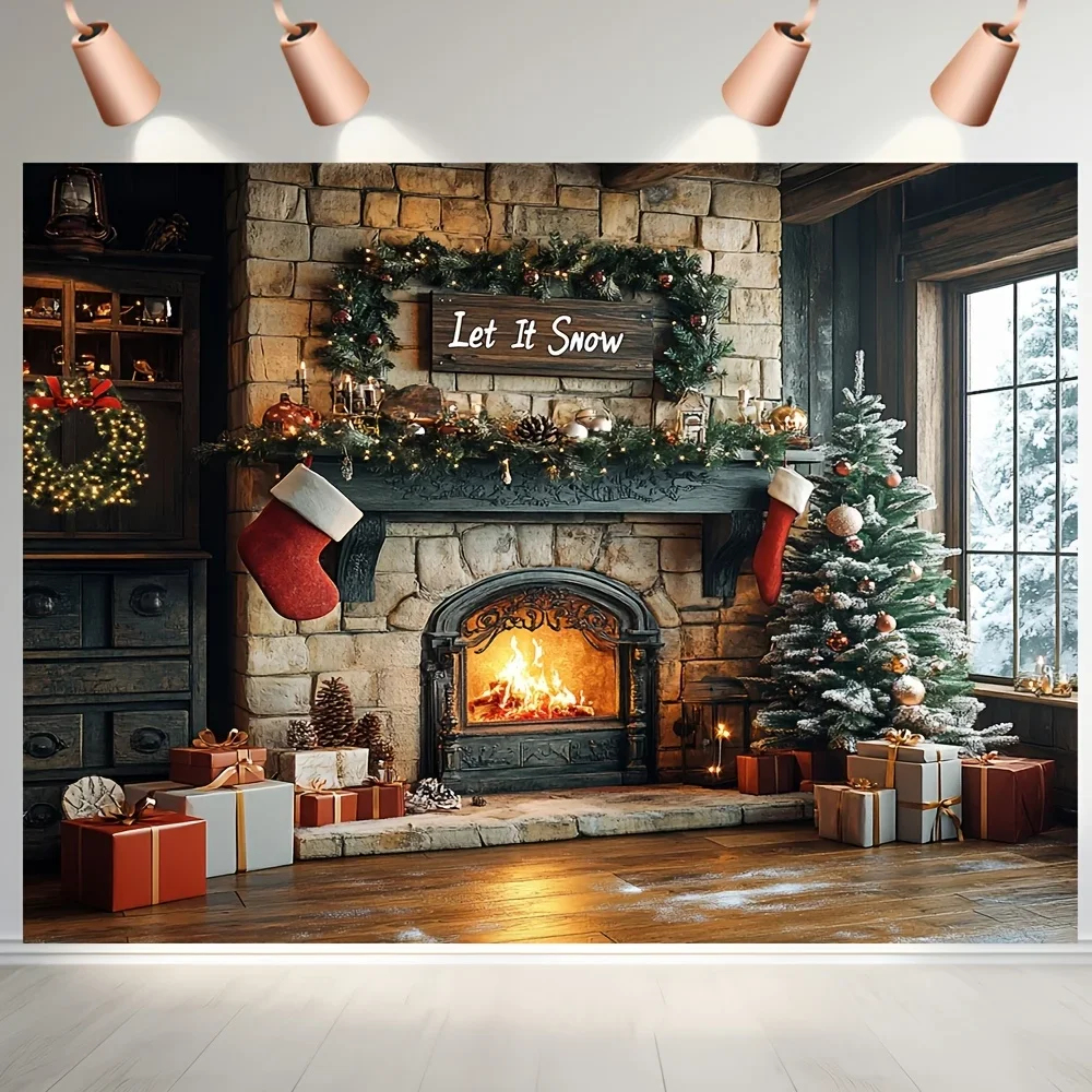 Elegant Fireplace Tapestry, Mantel with Garland and Stockings Scene, Cozy Holiday Wall Art for Indoor Outdoor Christmas Decor