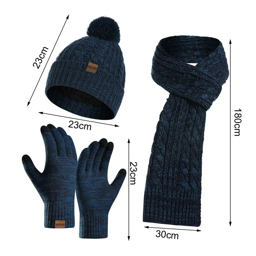 Topi Beanie rajut hangat musim dingin, 3 buah sarung tangan Set syal layar sentuh untuk Wanita Pria ski seluncur berkemah berkendara olahraga luar ruangan hadiah