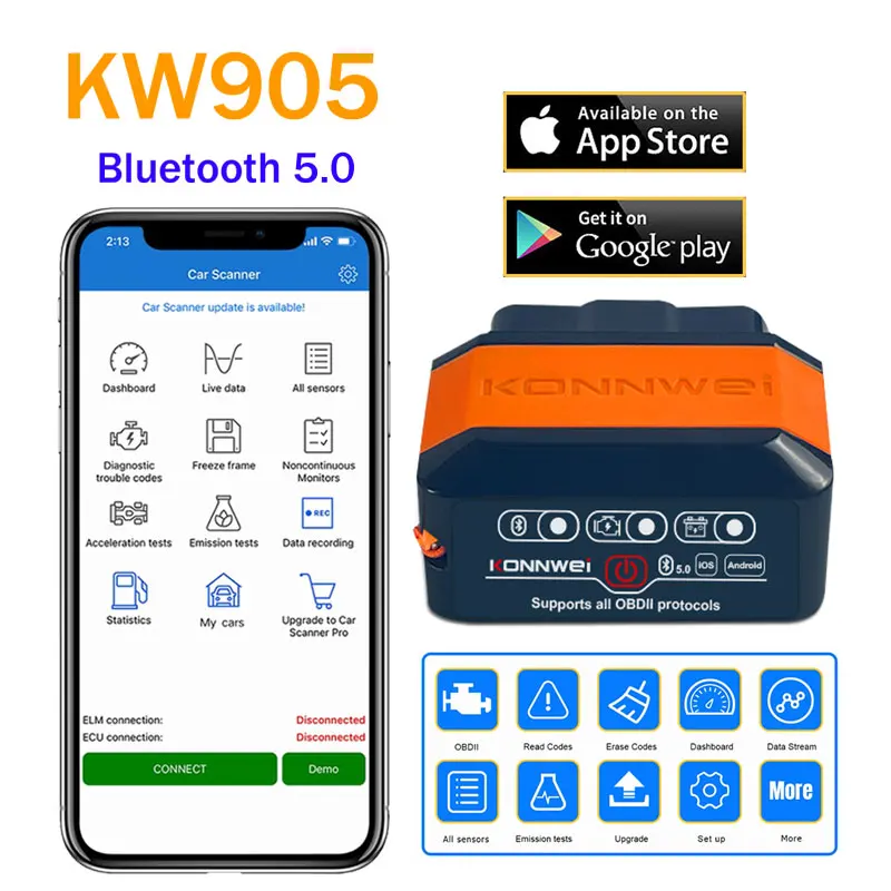 KONNWEI KW905 Bluetooth5.0 ELM327 V1.5 OBD2 Scanner For Android/iOS ELM-327 Car Diagnostic Tools ELM 327 OBD 2 Code Readers