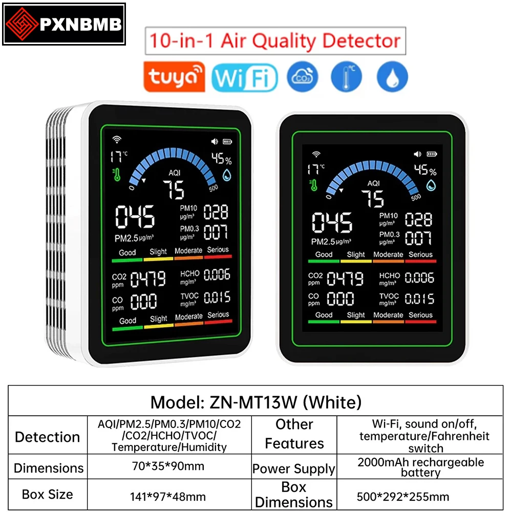 

Измеритель CO2 Tuya WiFi TFT Монитор качества воздуха PM0.3 PM1.0 PM2.5 PM10 HCHO Тестер Измеритель температуры и влажности Приложение Co 이산화 doświadcz소