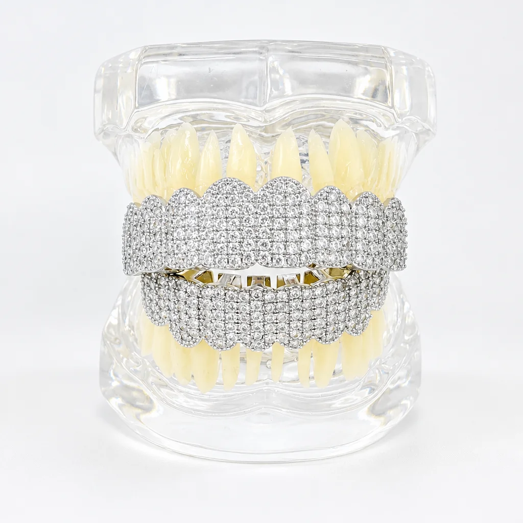 Copper Teeth Studded With Zirconia, Featuring Eight Teeth, Hip-Hop Style, Exaggerated Tooth Decoration, Accessory.