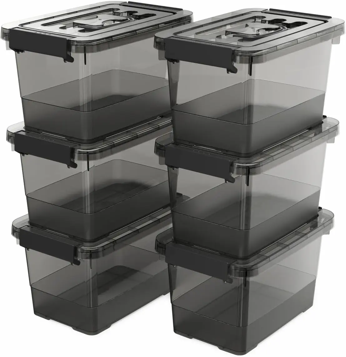 

Clear Black Small Plastic Storage Bins with Lids 4 Quart, 6-Pack Stackable Organizer Boxes with Carry
