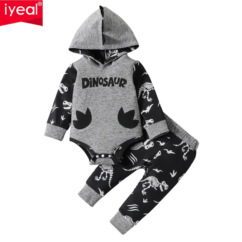 

IYEAL 2023 Baby Boys' Autumn Set Cartoon Dinosaur Letter Printing Hooded Bodysuit+Trouser 2 Piece Set