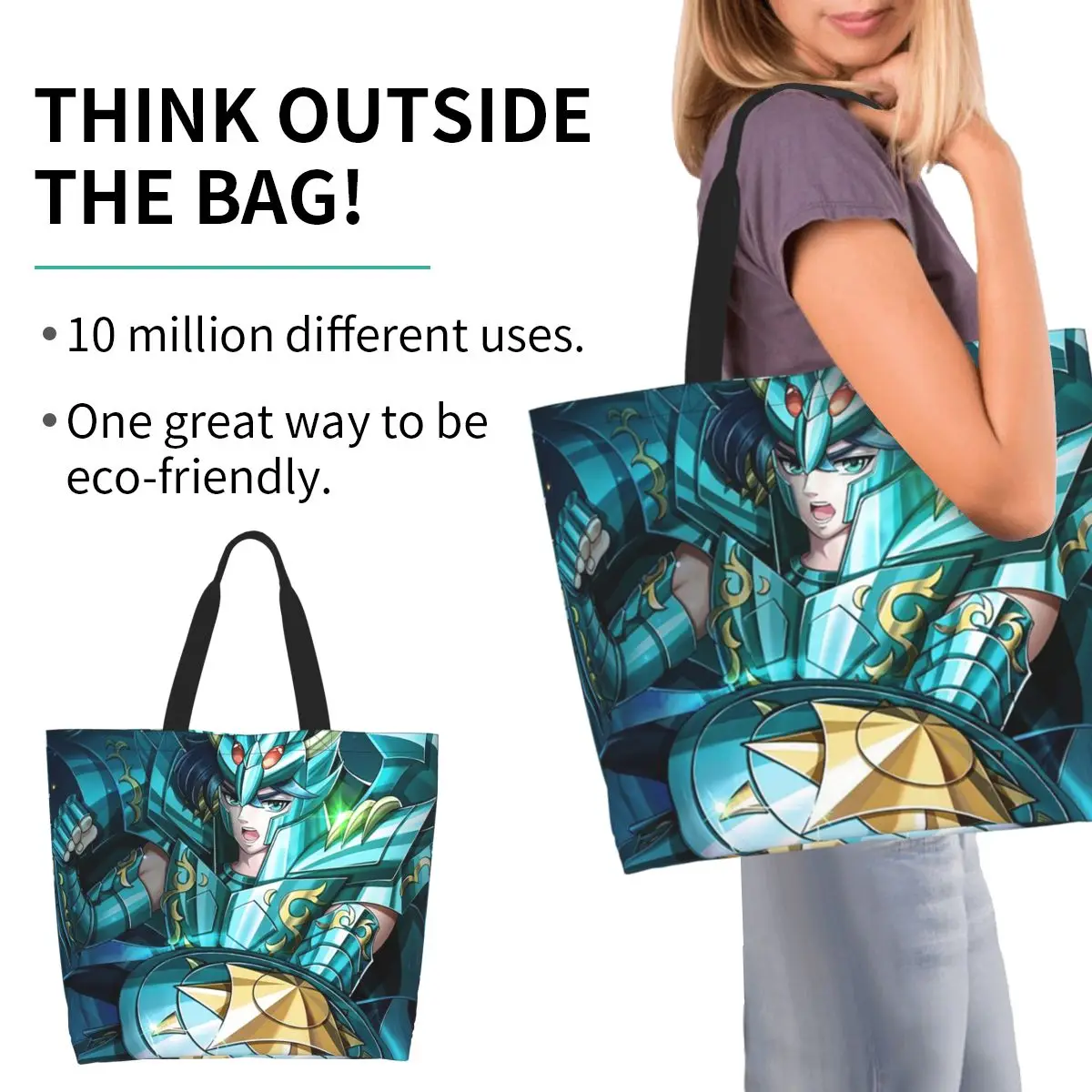 Anime Knights Of The Zodiac Dragon Shiryu Shopping Tote Bag Canvas Large Capacity Shoulder Bag Shopper Grocery Handbag for Women