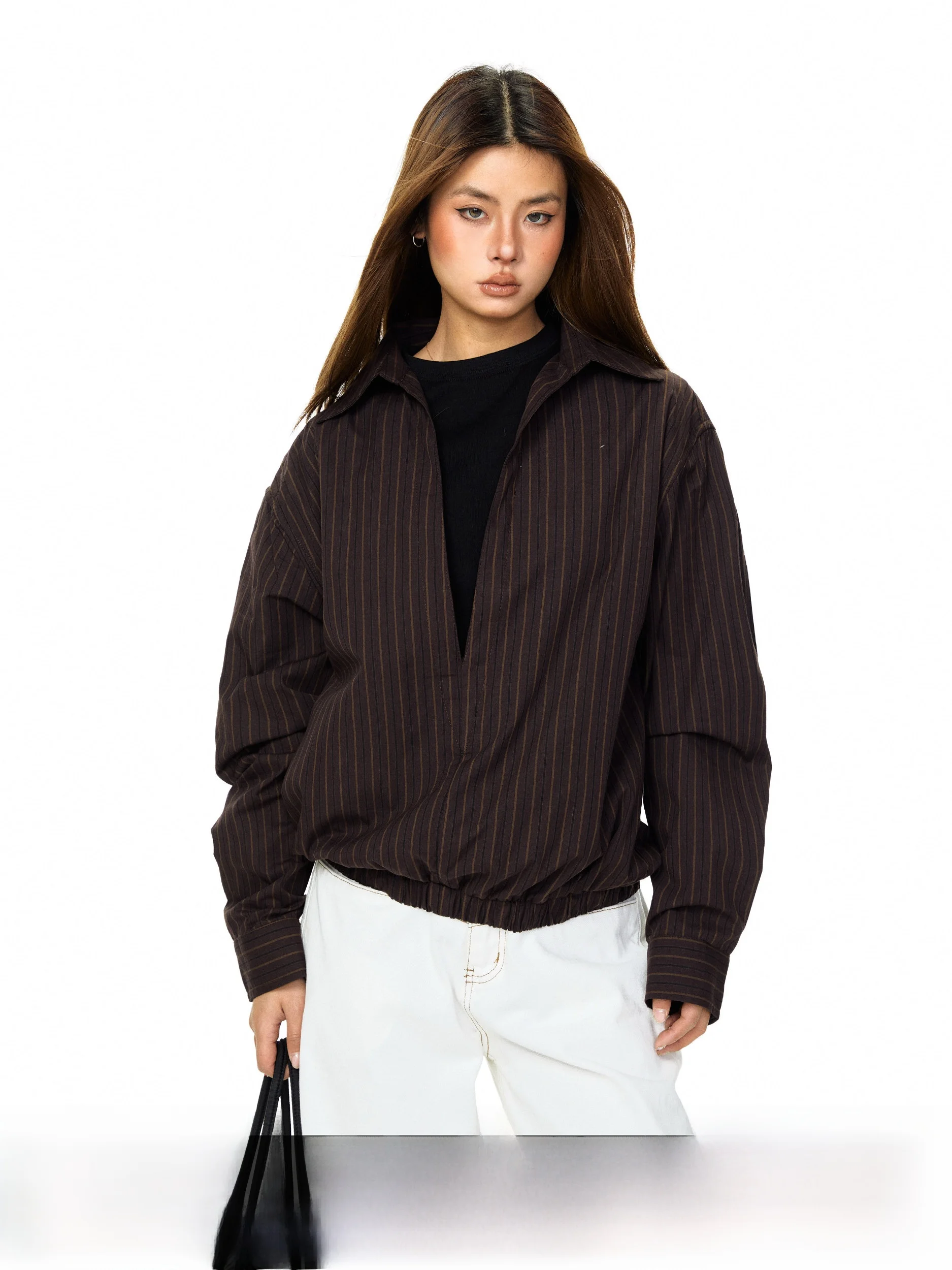 

Женская хлопковая рубашка Blabb в стиле ретро, свободного кроя, в полоску, с V-образным вырезом, имитация двухслойности, с длинным рукавом, повседневная, весна 2026, новинка