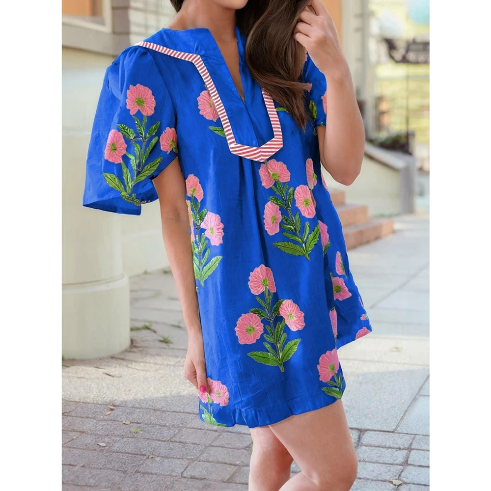 Mulheres verão bohomian beachwear estética floral impressão curta alargamento batwing manga com decote em v solto ajuste curto mini vestido