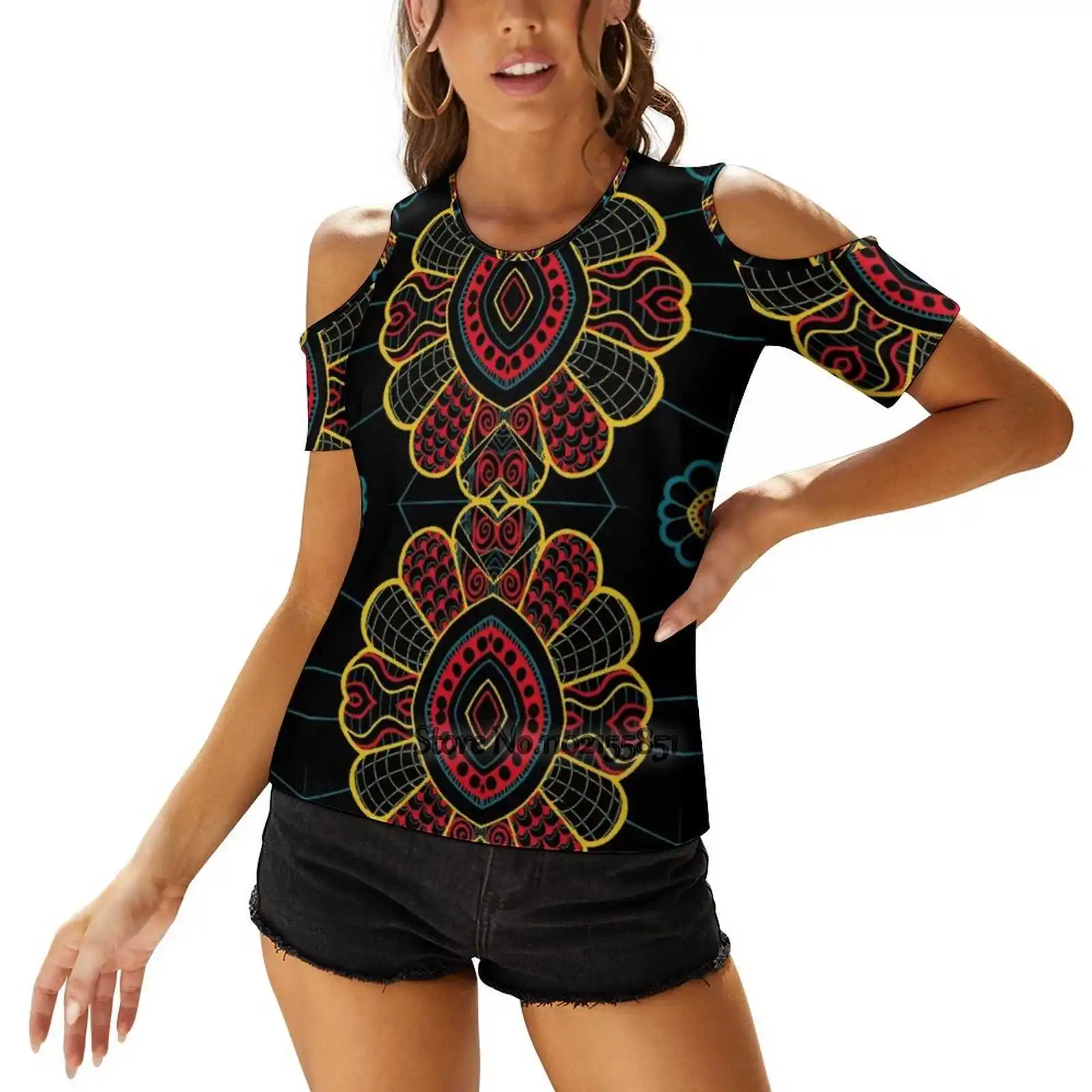 Hippy Happy Colorful 70'S Flower Pattern Women'S T-Shirt Casual Short Sleeved Tops Tee Ladies Loose T Shirts Hippy 70S Mandala