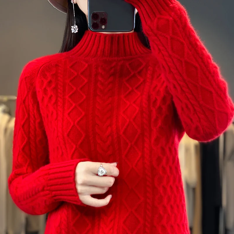 

100% Merino Wool Autumn Winter Fashion Soft Sweater Half-turtleneck Pullover Cashmere Long Sleeves Solid Color Clothing Top