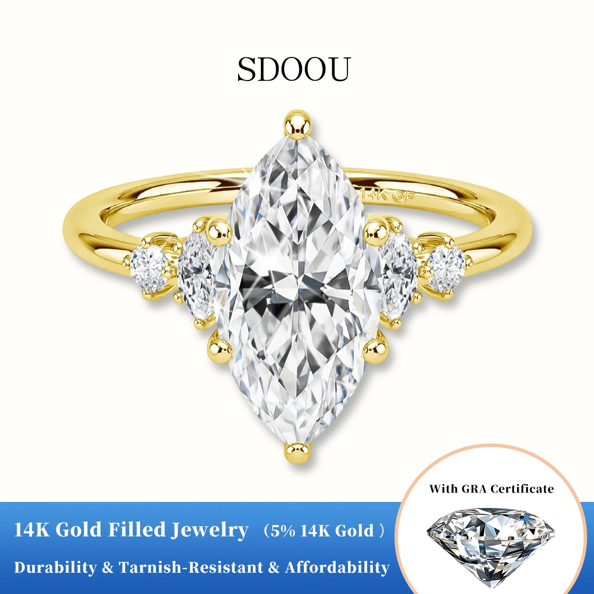 SDOOU 2CT 14K Gold Filled Engagement Marquise Cut Moissanite Ring for Girls Gala Dinner Graduation Banquet High Quality Jewelry