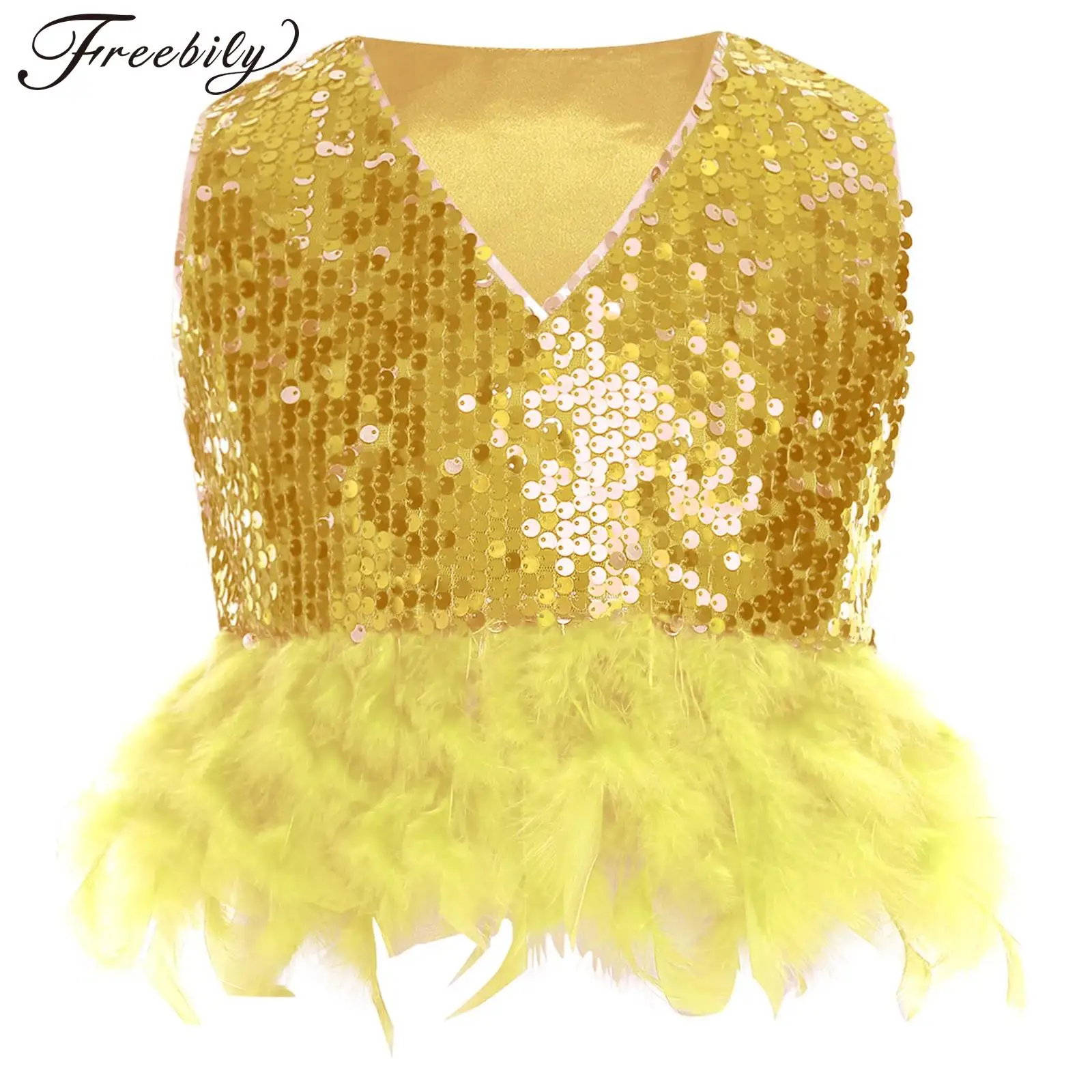 

Girls Glittery Sleeveless Tank Top Sequin Dance Crop Top Faux Feather Trim Crop Vest for Birthday Party Stage Festival Costumes