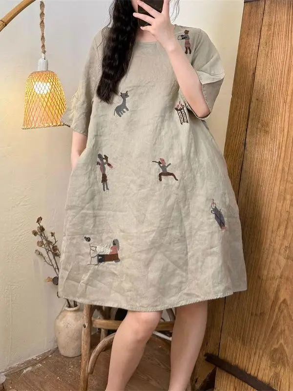 

Summer 2026 Women's Loose Cotton Linen Dress Sweet Style Casual Boring Pink Simple Design A-Line Skirt Short Sleeve round Neck