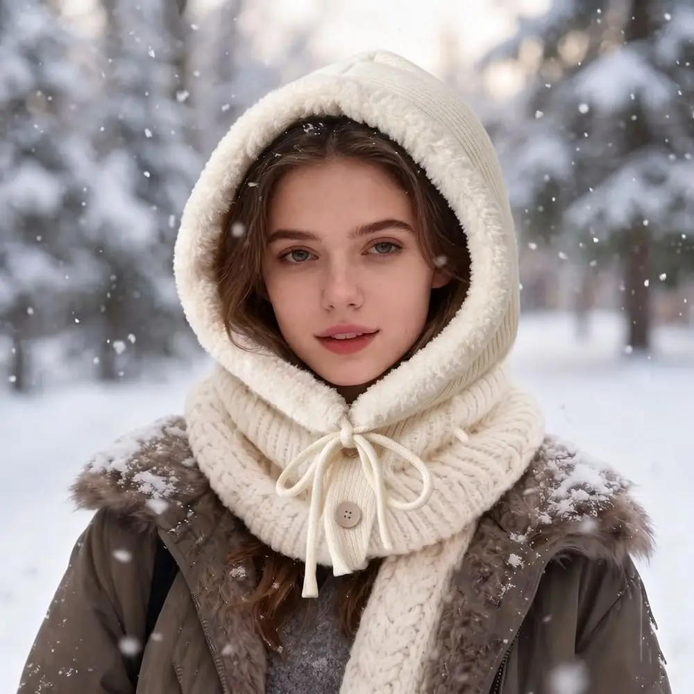 Cute Fleece Wool Balaclava Hat Solid Color Wool Blend Earflap Hat Beanie Thickened Pullover Hat Outdoor