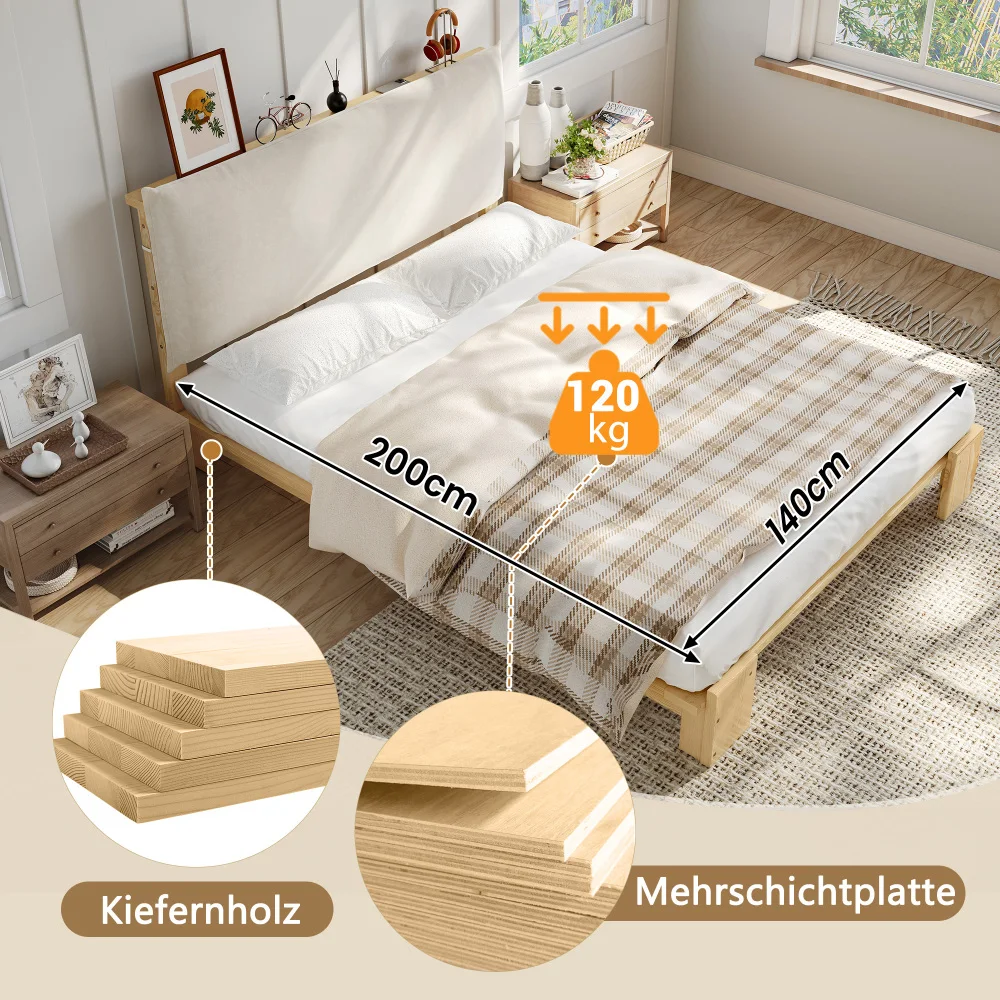 PINGGO Samtbezogenes Einzelbett für Kinder, weiche Rückenlehne, stabile Lattenbasis, breite Beine, Kiefer, Schwamm, Sperrholz, 140 x 200 cm, ohne Matratze – Detail 8