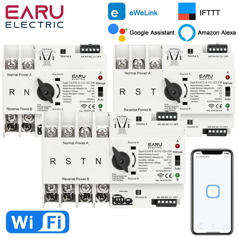 EWeLink WiFi Smart Remote Control 2/3/4P 125A AC 230V ATS Dual Power Automatic Transfer Electrical Selector Switch Uninterrupted