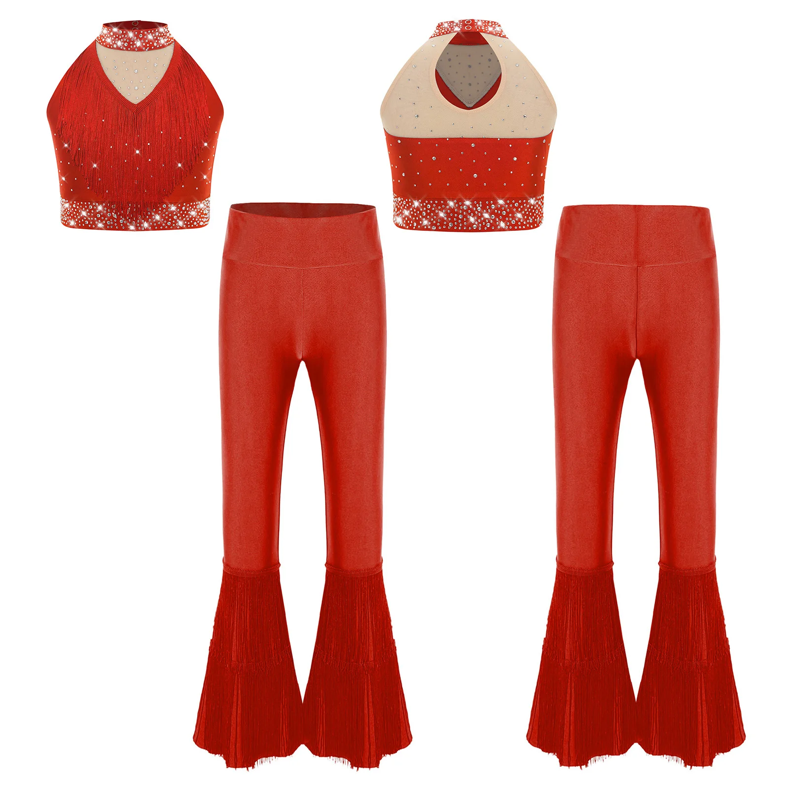 Kids Girls Latin Dance Clothing Mock Neck Sleeveless Fringe Sparkly Vest with Flared Pants for Professional Dance Competition